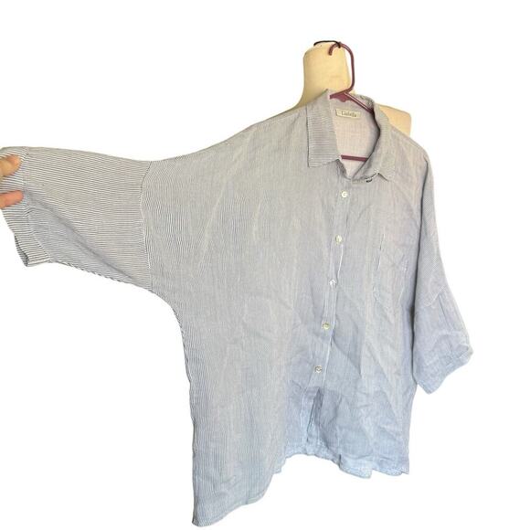 Liabella Top Woman's Button Up Blouse Striped Blue 100% Linen 7XL L/S Coastal - Picture 3 of 8